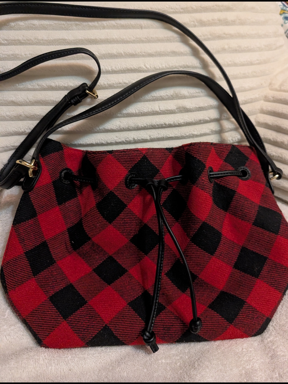 Talbots Classic Red & Black Buffalo Plaid Drawstring Shoulder Bag